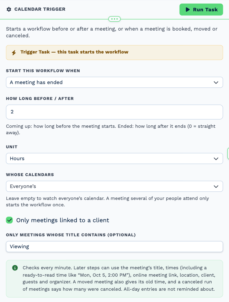 The Calendar Trigger task opened to its settings: start the workflow when a meeting has ended, 2 hours after, only meetings linked to a client and only those whose title contains Viewing