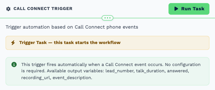 The Call Connect Trigger opened to its settings: the trigger banner and a note that it needs no configuration