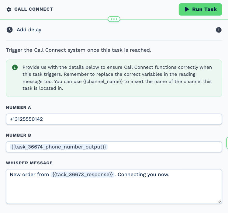 The Call Connect task opened to its settings: Number A, Number B holding the formatted customer number, and a Whisper Message announcing the new order