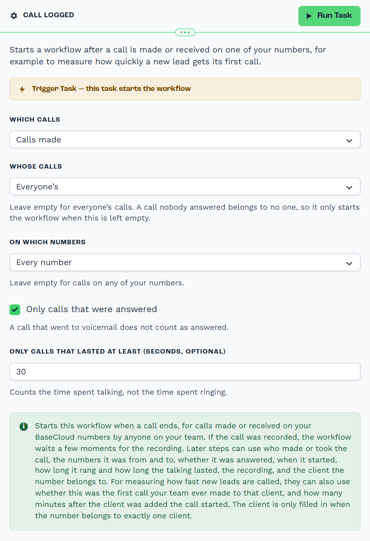 The Call Logged trigger opened to its settings: calls made, by everyone, on every number, only calls that were answered and that lasted at least 30 seconds