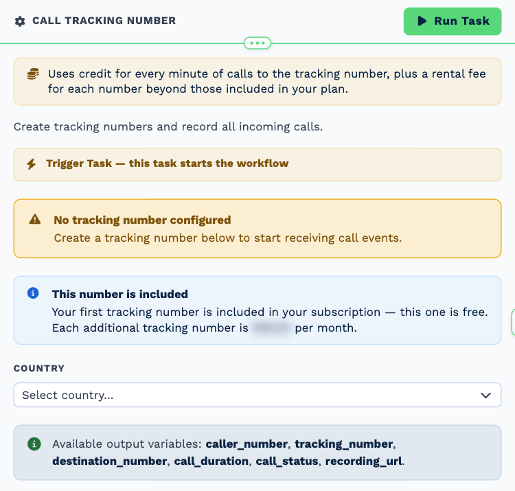 The Call Tracking Number trigger opened to its settings before a number exists: the credit notice, the trigger banner, a warning that no tracking number is configured, a note that the first number is included (the price of further numbers is blurred), the Country selector and the output variables