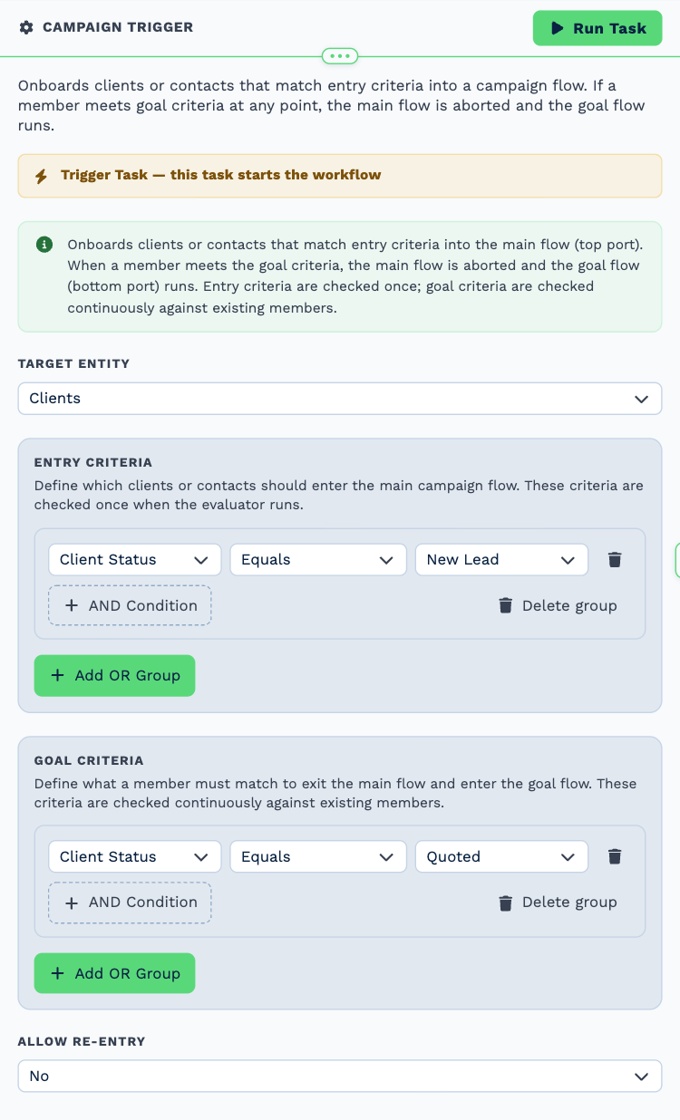 The Campaign Trigger task opened to its settings: Target Entity set to Clients, Entry Criteria of Client Status equals New Lead, Goal Criteria of Client Status equals Quoted, each with AND Condition and Add OR Group buttons, and Allow Re-entry set to No