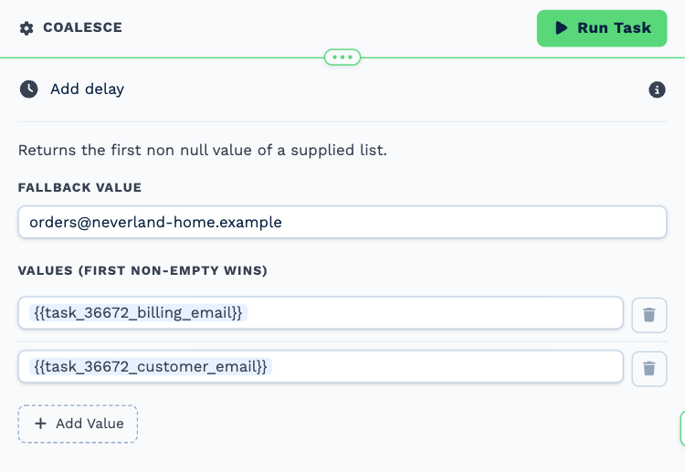 The Coalesce task opened to its settings: a Fallback Value of orders@neverland-home.example and two values in order, the billing email then the customer email