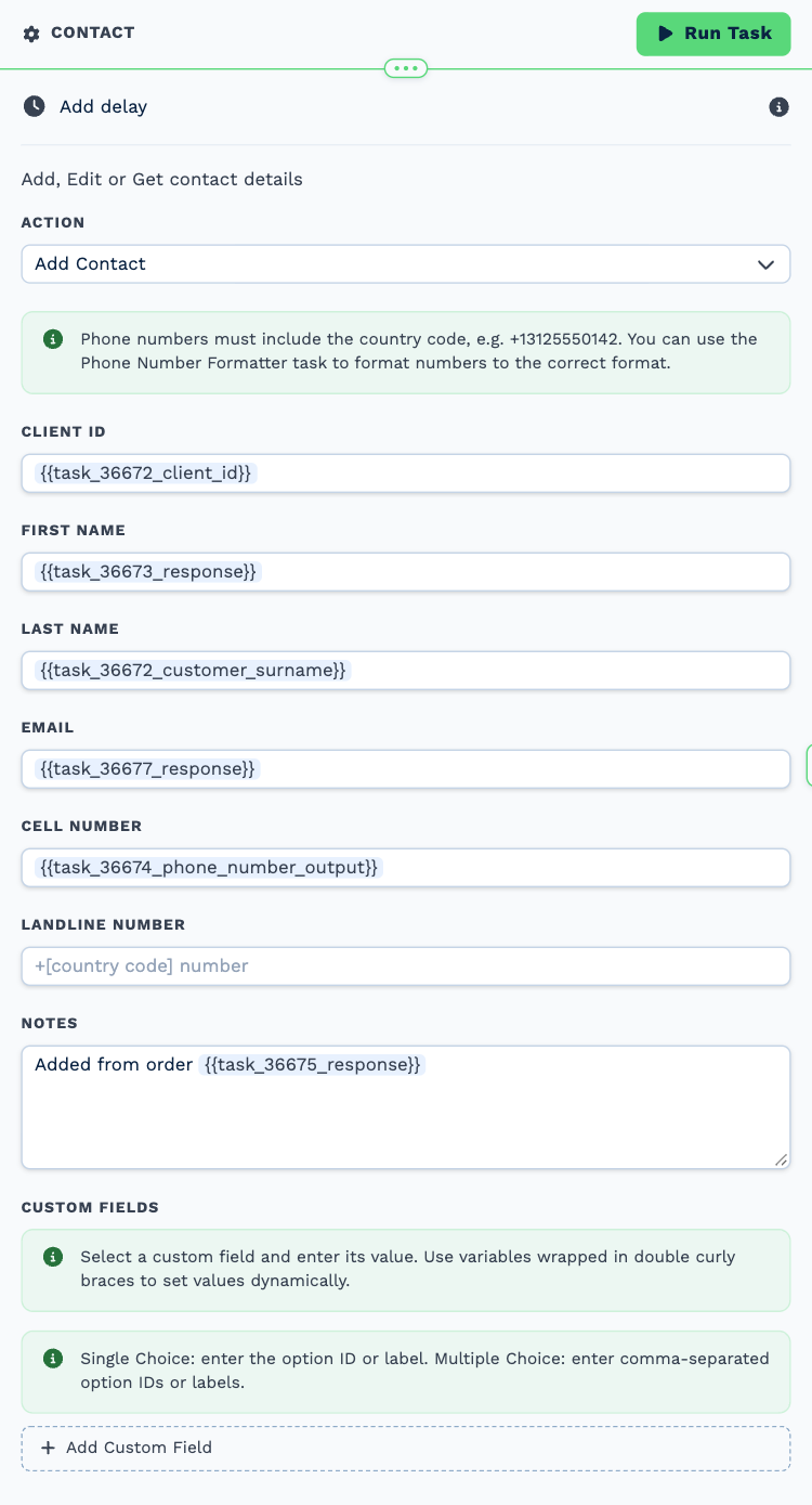 The Contact task opened to its settings: Action set to Add Contact, with Client ID, First Name, Last Name, Email, Cell Number and Notes filled from earlier tasks