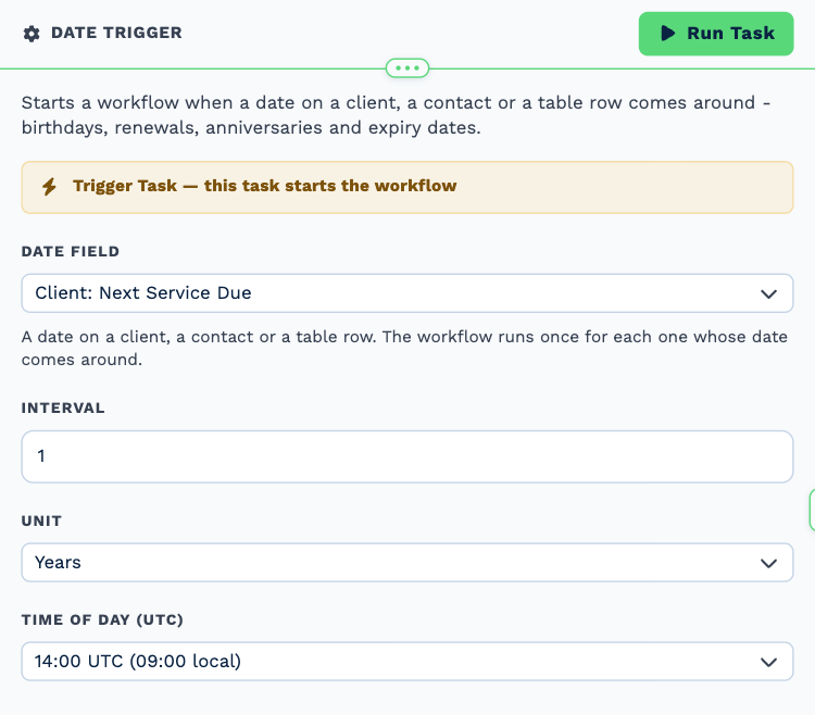 The Date Trigger task opened to its settings: the trigger banner, the Date Field, Interval 1, Unit Years and the Time of Day in UTC