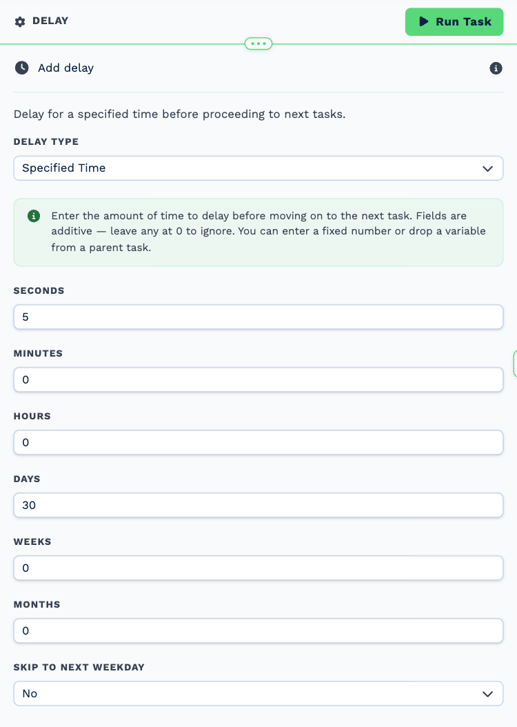 The Delay task opened to its settings: Delay Type set to Specified Time, Days set to 30 and Skip to Next Weekday set to Yes