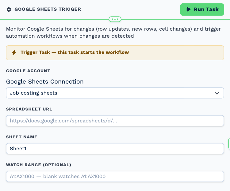The Google Sheets Trigger opened to its settings, with the Job costing sheets connection chosen