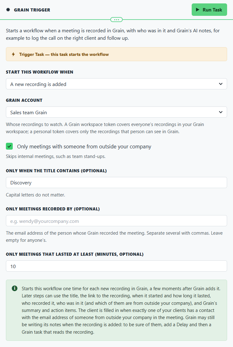 The Grain Trigger opened to its settings: start the workflow when a new recording is added, on the Sales team Grain account, only meetings with someone from outside the company, only when the title contains Discovery, and only meetings that lasted at least 10 minutes