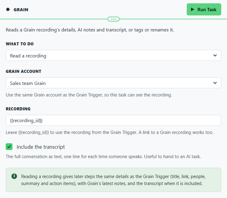The Grain task opened to its settings: Read a recording, on the Sales team Grain account, the recording from the Grain Trigger, with the transcript included