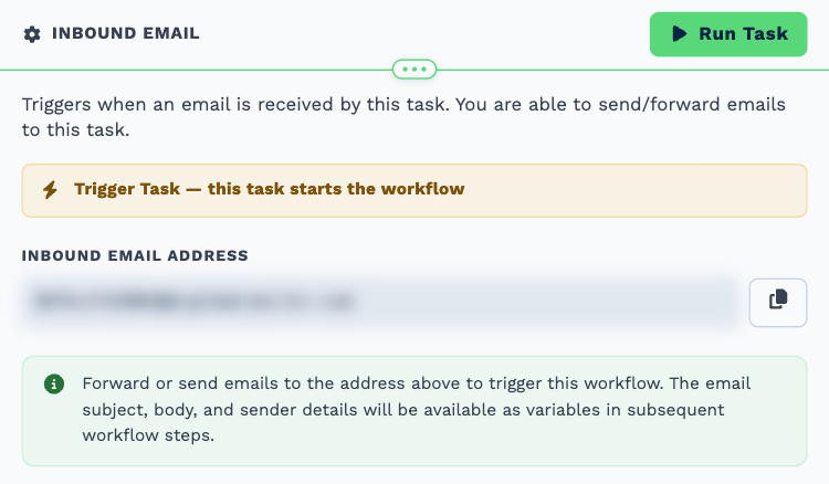 The Inbound Email trigger opened to its settings: the trigger banner, the Inbound Email Address with a copy button (the address is blurred), and a note that mail sent or forwarded to it starts the workflow