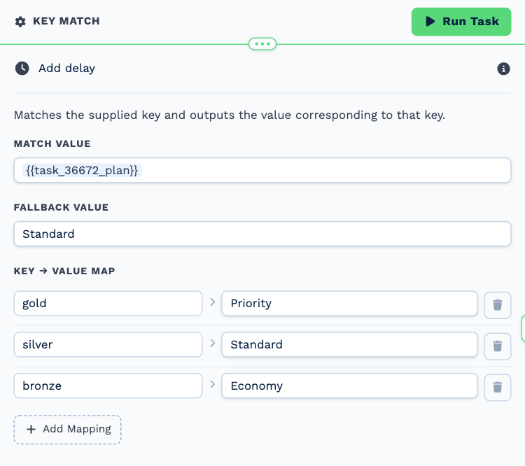 The Key Match task opened to its settings: Match Value holding the plan variable, a Fallback Value of Standard, and a map of gold to Priority, silver to Standard and bronze to Economy