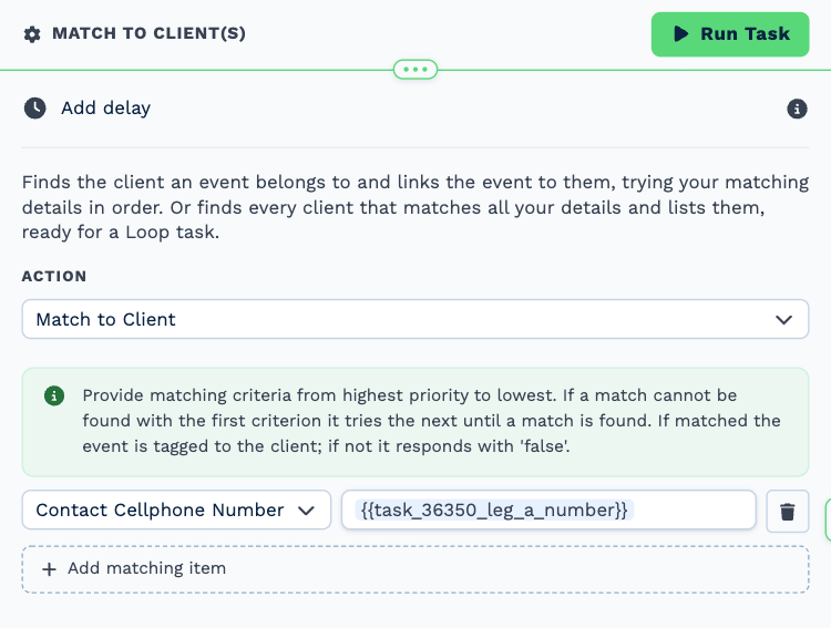 The Match to Client(s) task opened to its settings: Action set to Match to Client and one rule, contact cell number equals the caller number from the trigger