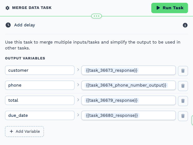 The Merge Data task opened to its settings: four Output Variables named customer, phone, total and due_date, each filled from an earlier task
