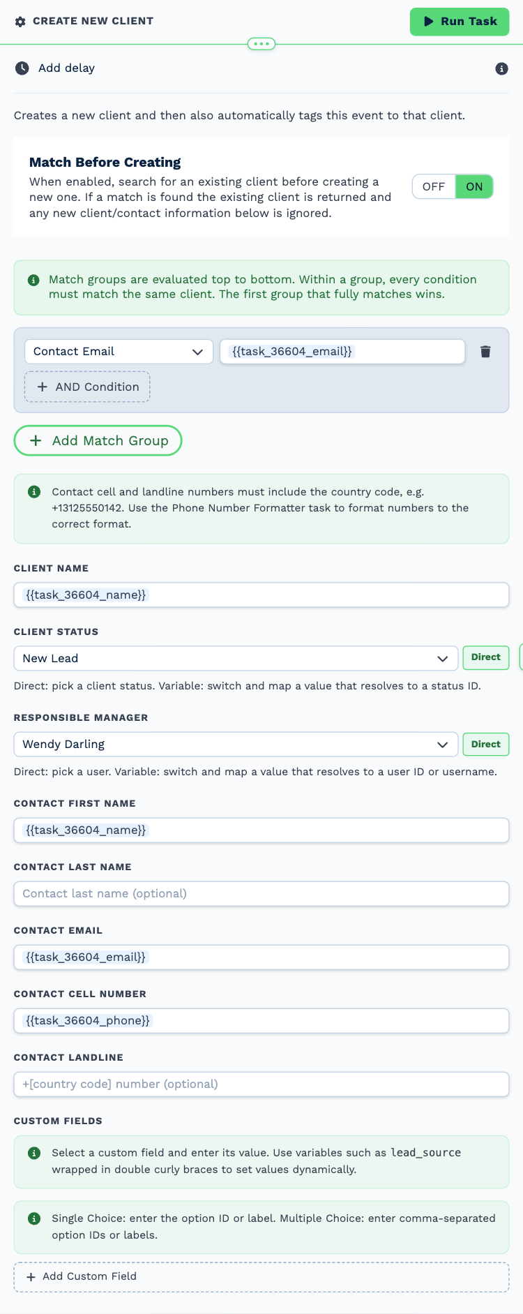 The Create New client task opened to its settings: Match Before Creating on contact email, then Client Name, Client Status New Lead, Responsible Manager and the contact fields filled from the form