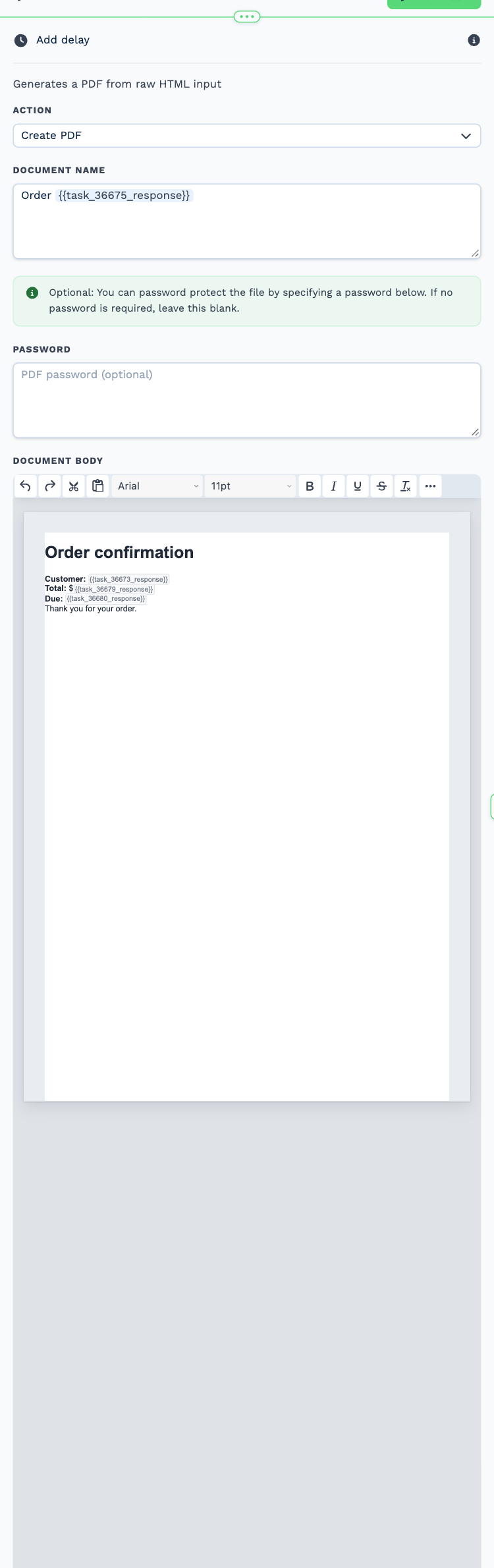 The Create PDF task opened to its settings: Action set to Create PDF, a Document Name built from the order reference, and a Document Body with a heading, customer, total and due date