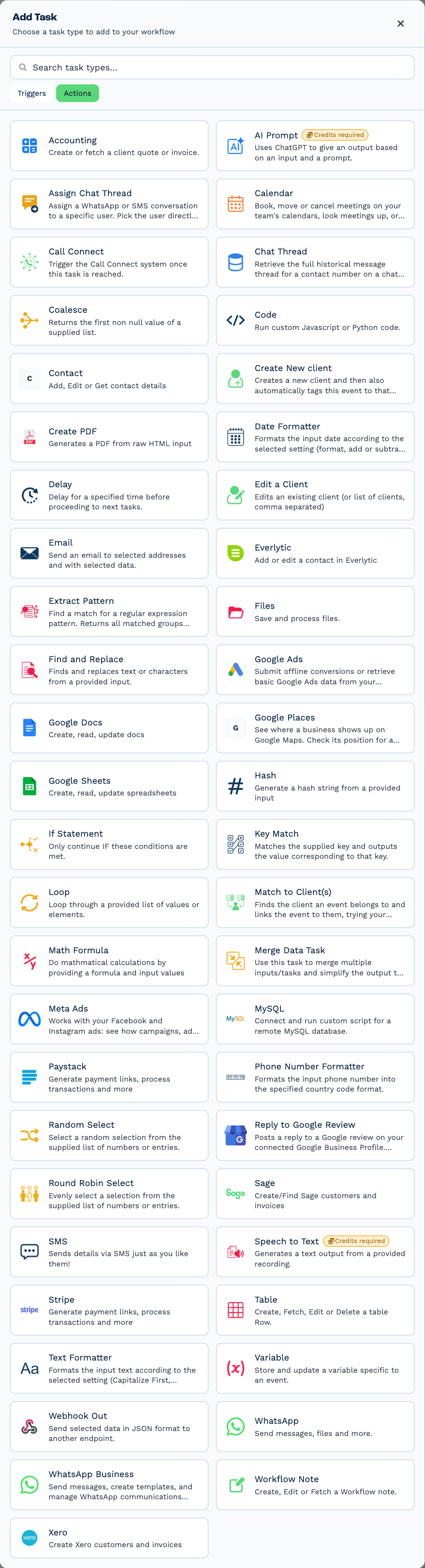 The Add Task panel on its Actions tab: a search field and a card for every action task, from Accounting, AI Prompt and Assign Chat Thread through Email, If Statement, Loop and SMS to Workflow Note and Xero, with a Credits required badge on AI Prompt and Speech to Text