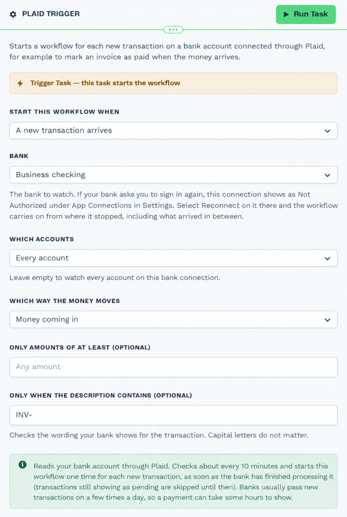 The Plaid Trigger opened to its settings: start the workflow when a new transaction arrives, on the Business checking bank connection, every account, money coming in, any amount, and only when the description contains INV-