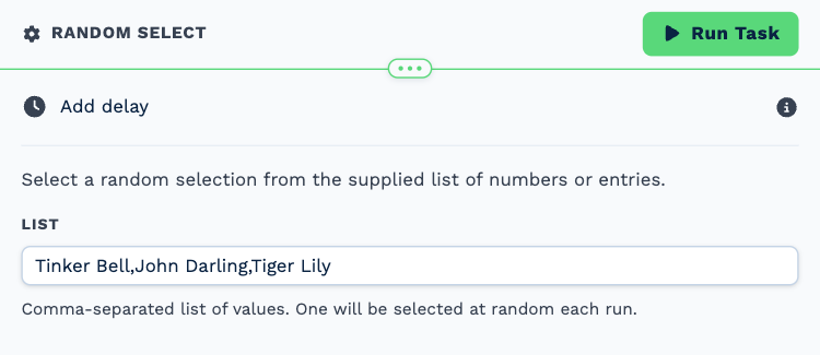 The Random Select task opened to its settings: a List of three names separated by commas
