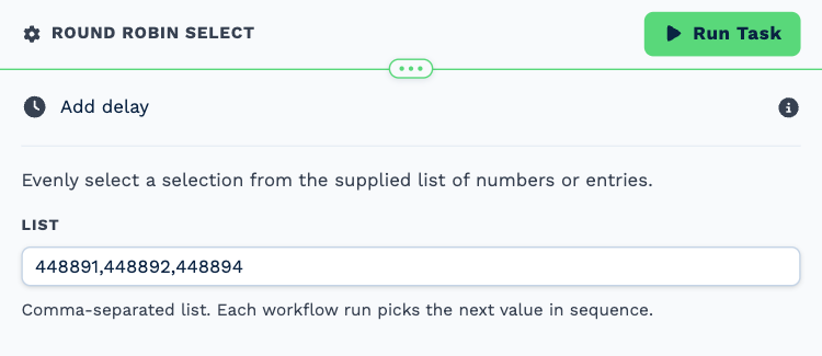 The Round Robin Select task opened to its settings: a List of three users to take turns