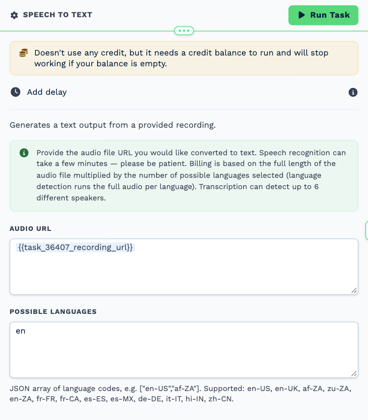 The Speech to Text task opened to its settings: the credit notice, Audio URL holding the call recording variable, and Possible Languages