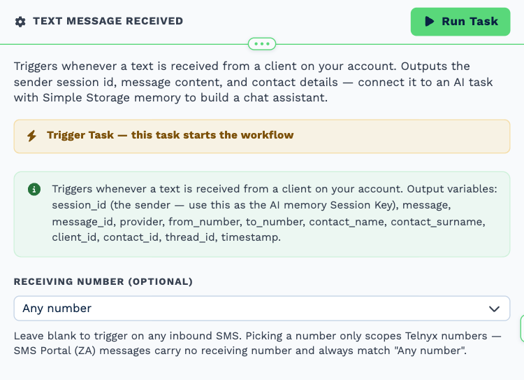 The Text Message Received trigger opened to its settings: the trigger banner and the optional Receiving number, left on any number