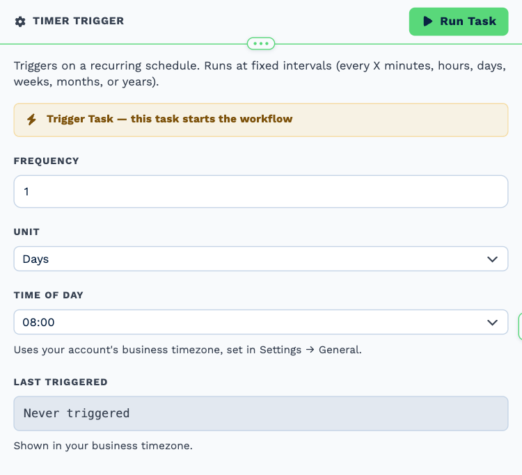 The Timer Trigger task opened to its settings: the trigger banner, then Frequency 1, Unit Days and Time of Day 08:00