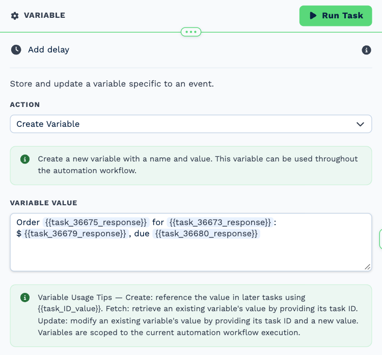 The Variable task opened to its settings: Action set to Create Variable and a Variable Value that combines the order reference, customer, total and due date