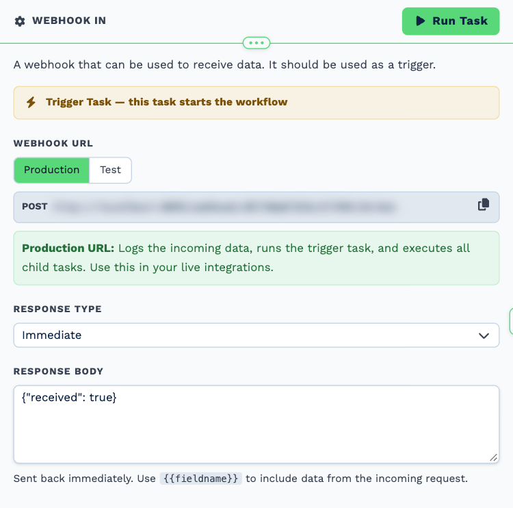 The Webhook In task opened to its settings: the trigger banner, the Webhook URL with Production and Test tabs and a copy button (the address is blurred), a note that the production URL logs the data and runs the workflow, Response Type set to Immediate and a Response Body of {"received": true}