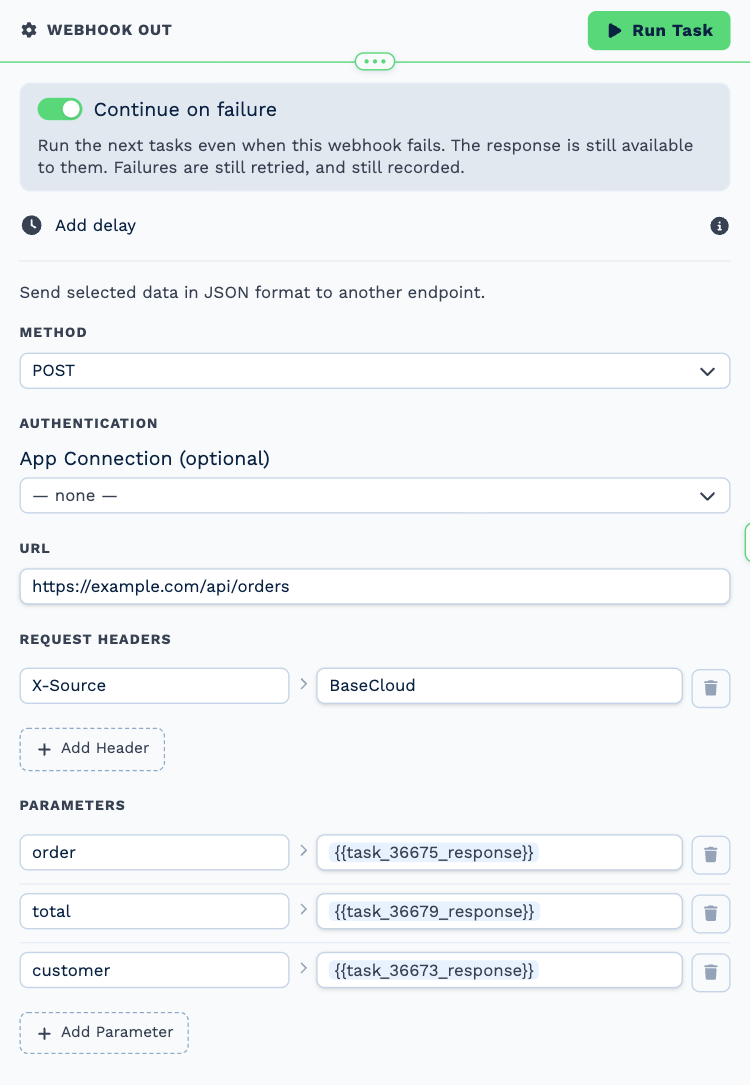 The Webhook Out task opened to its settings: Method POST, the URL https://example.com/api/orders, a request header X-Source, three parameters filled from earlier tasks, and Continue on failure ticked