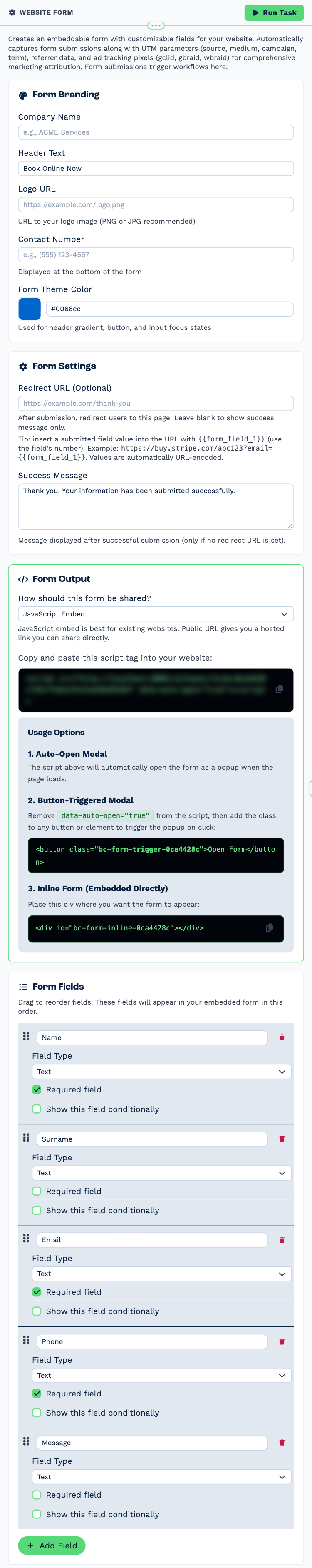 The Website Form trigger opened to its settings, top to bottom: the form’s title, colour and settings, the Form Output with the embed script (blurred) and its three ways to use it, and the Form Fields list with a type and a required tick for each field