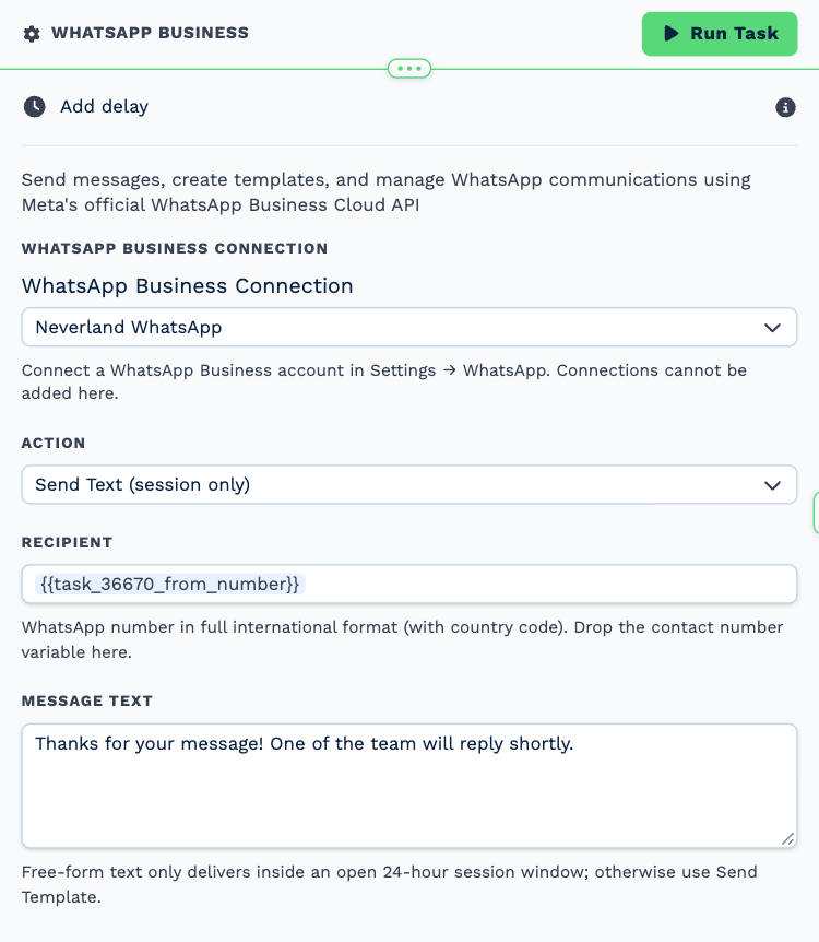 The WhatsApp Business task opened to its settings: the Neverland WhatsApp connection, Action set to Send Text (session only), the Recipient and the Message Text