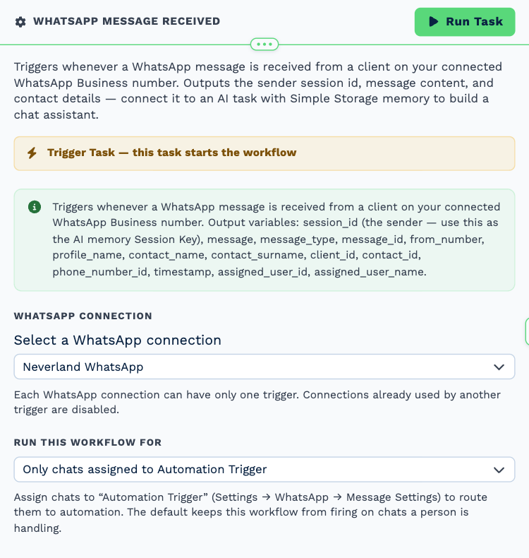 The WhatsApp Message Received trigger opened to its settings: the Neverland WhatsApp connection, and Run this workflow for set to only chats assigned to Automation Trigger