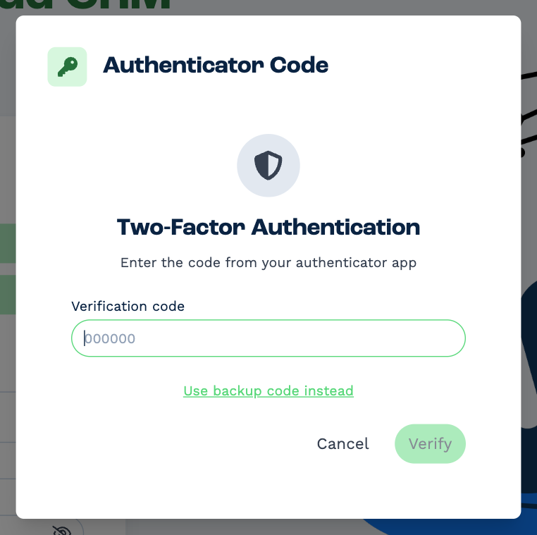 The Authenticator Code window: Two-Factor Authentication, enter the code from your authenticator app, a Verification code field, a Use backup code instead link, and Cancel and Verify buttons