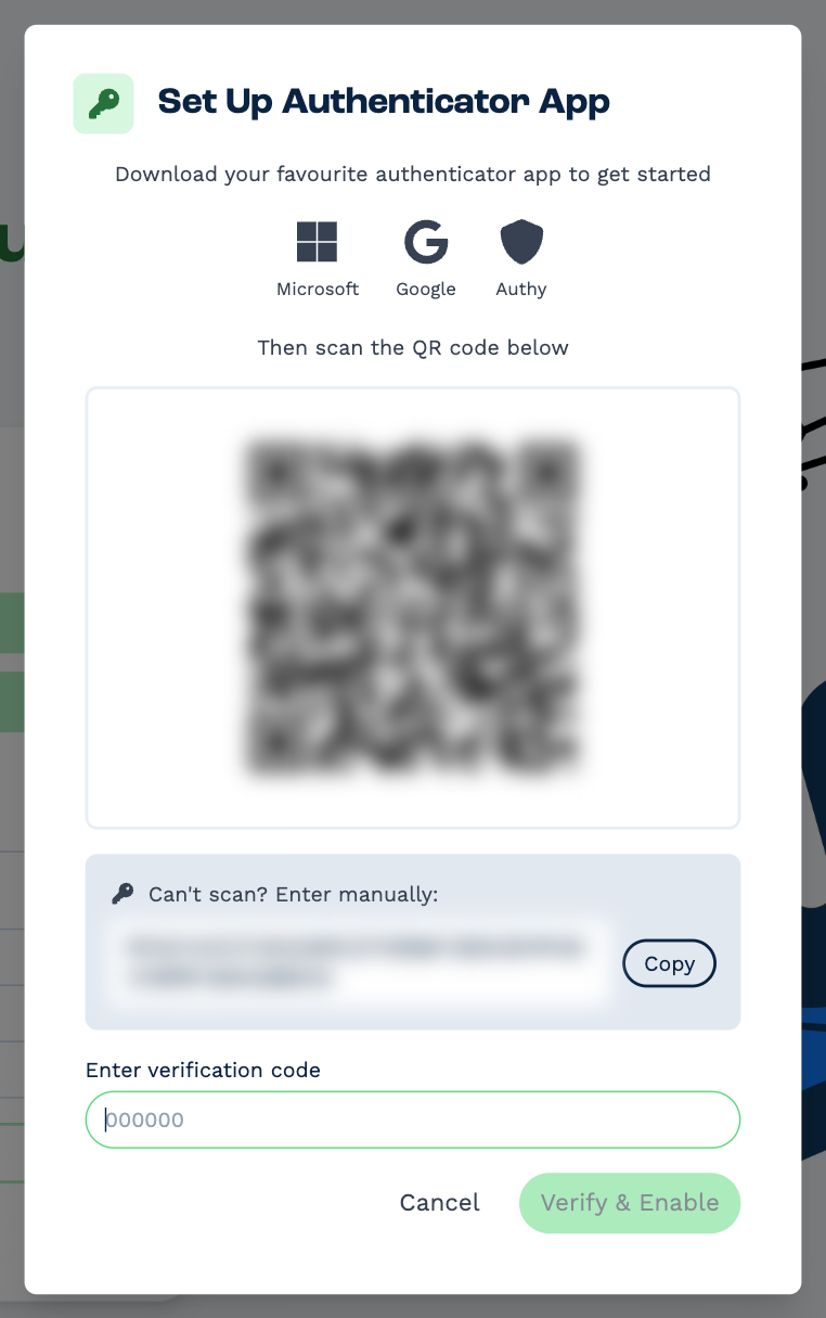 The Set Up Authenticator App window: icons for Microsoft, Google and Authy, a QR code (blurred here), a manual key with a Copy button, and a verification code field with Verify & Enable