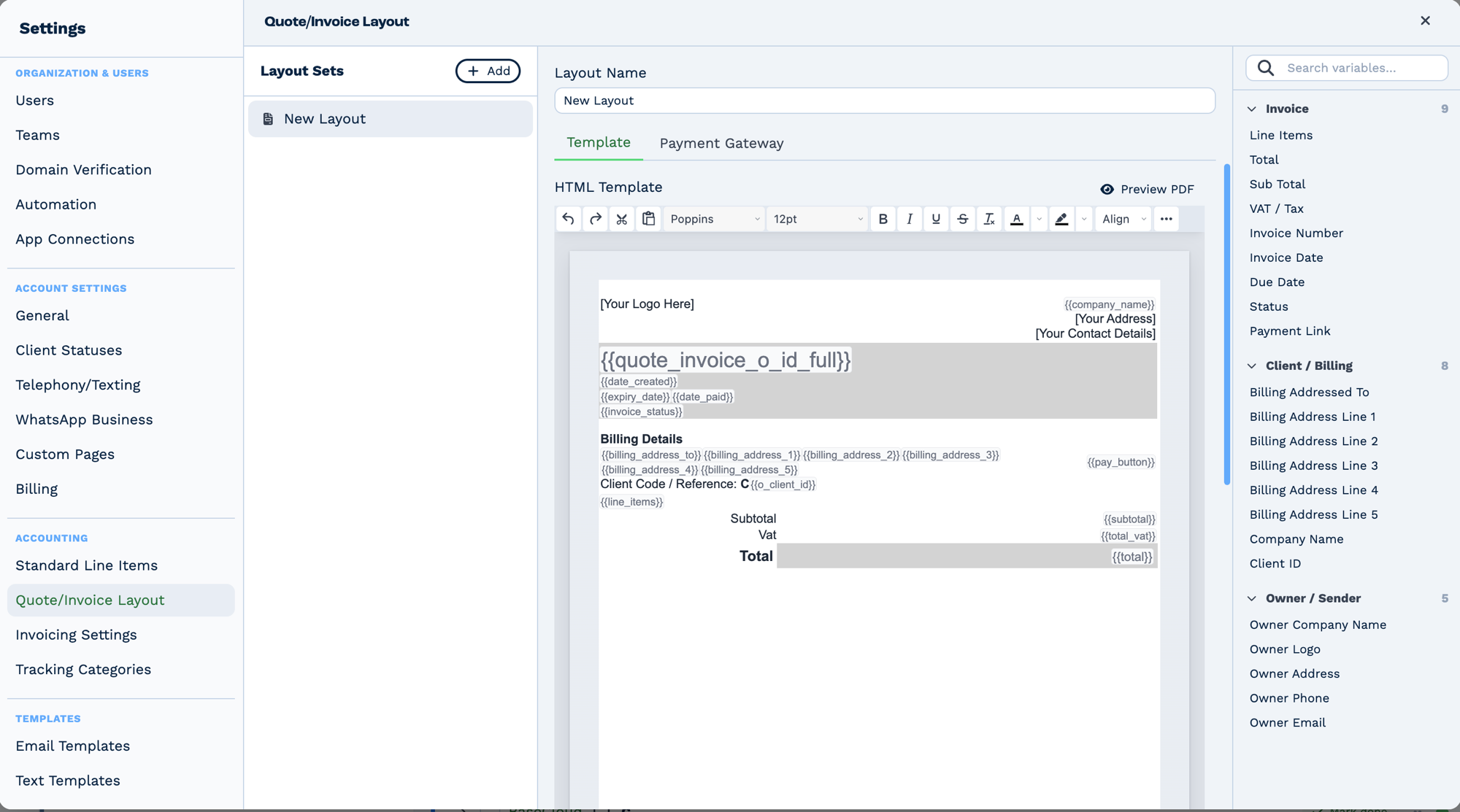 The Quote/Invoice Layout screen in BaseCloud Settings. A Layout Sets list sits on the left with an Add button. The middle pane holds a Layout Name and Template and Payment Gateway tabs, below which a rich-text HTML Template editor shows an invoice laid out with double-brace variables in place of real values: company name, a full invoice reference, created, expiry and paid dates, status, five billing address lines, a client code, a line items placeholder, and subtotal, VAT and total figures, plus a pay button placeholder. A Search variables panel on the right groups the placeholders into nine Invoice, eight Client and Billing, and five Owner and Sender entries