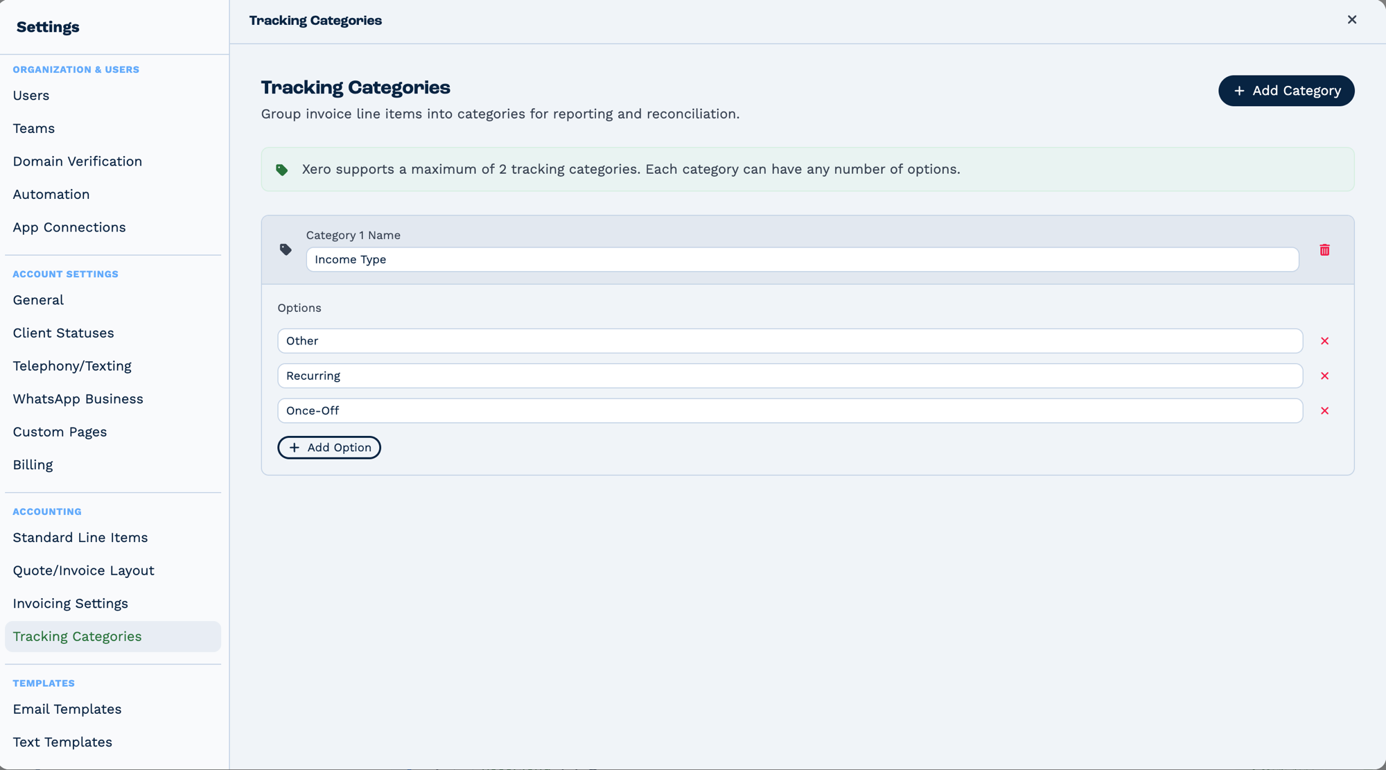 The Tracking Categories screen in BaseCloud Settings, described as grouping invoice line items into categories for reporting and reconciliation. A note states that Xero supports a maximum of two tracking categories and that each category can have any number of options. One category is defined, named Income Type, with the options Other, Recurring and Once-Off, beside Add Option and Add Category controls