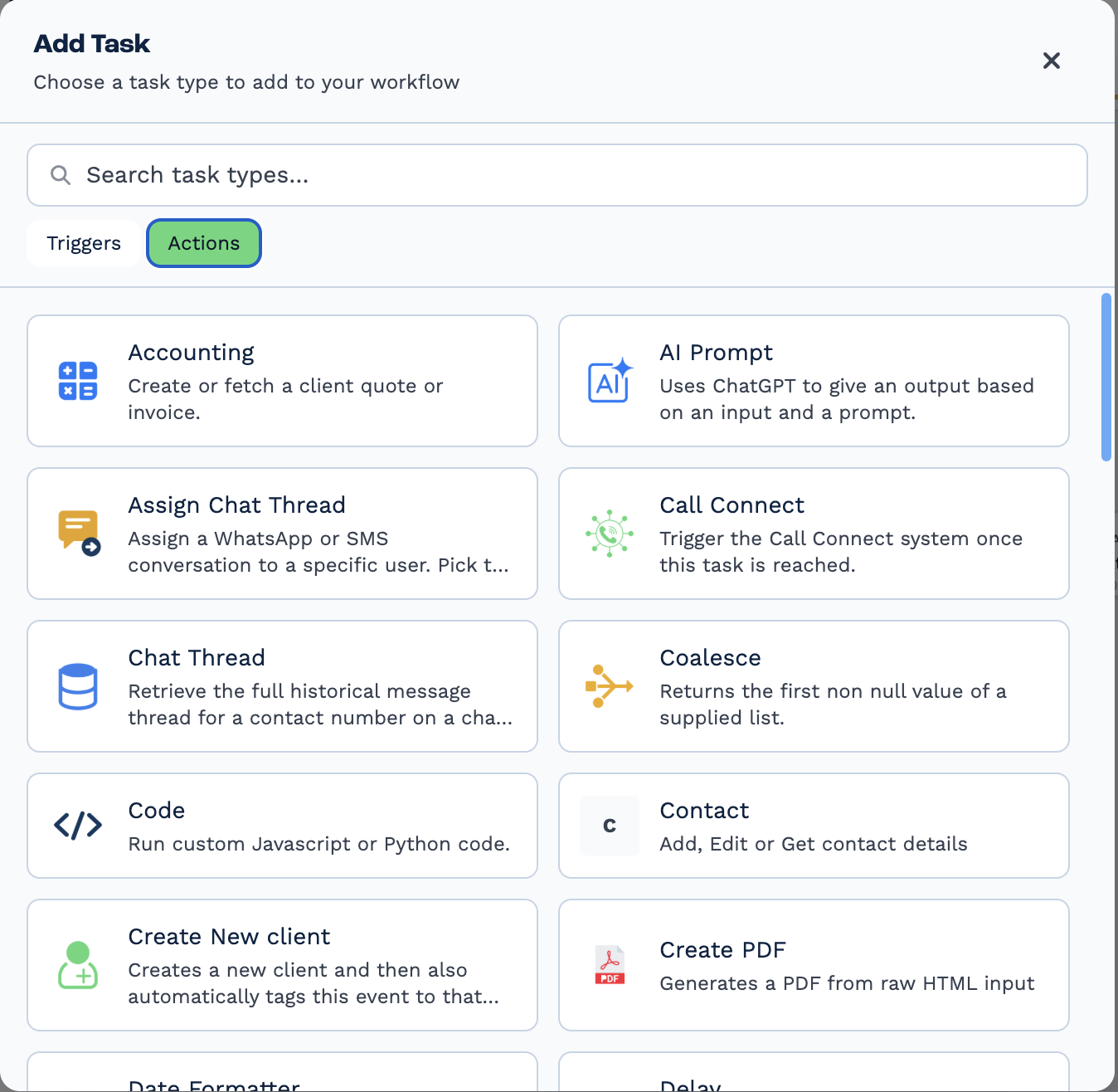 The same panel on the Actions tab, listing Accounting, AI Prompt, Assign Chat Thread, Call Connect, Chat Thread, Coalesce, Code, Contact, Create New client and Create PDF, each with a one-line description