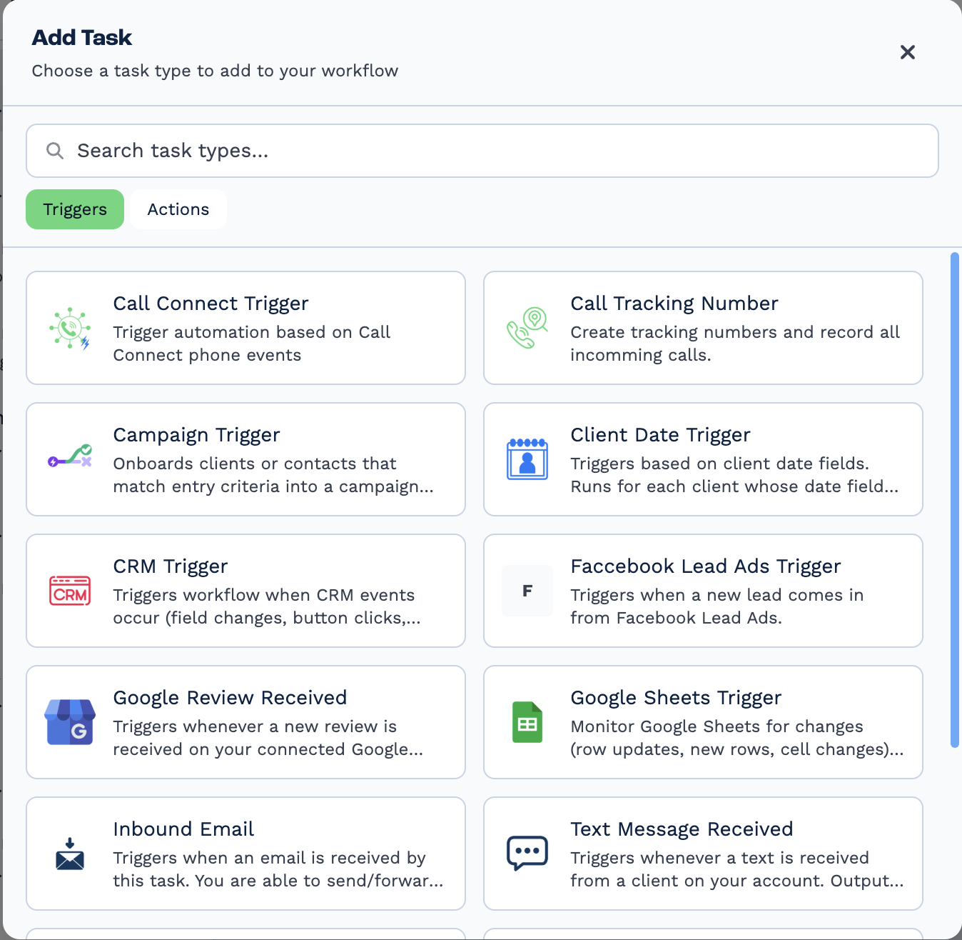 The BaseCloud Add Task panel on the Triggers tab: a search box above Triggers and Actions toggles, listing Call Connect Trigger, Call Tracking Number, Campaign Trigger, Client Date Trigger, CRM Trigger, Facebook Lead Ads Trigger, Google Review Received, Google Sheets Trigger, Inbound Email and Text Message Received, each with a one-line description